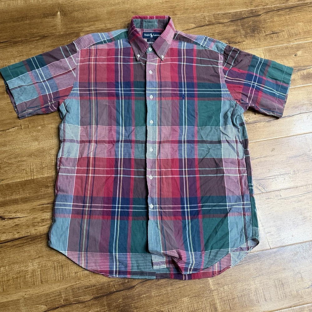 Ralph Lauren Blake Button Down Shirt Mens Sz L Plaid Short Sleeve Red Blue Green